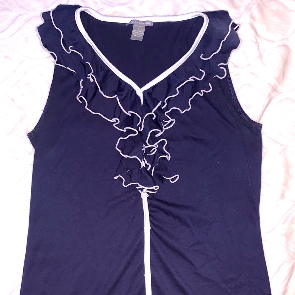 Navy ruffle short sleeve top size L